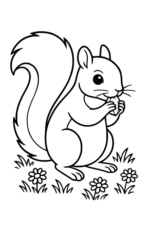 Free Squirrel Coloring Page - Fluffy-Tailed Snack Time in the Grass (Printable PDF)