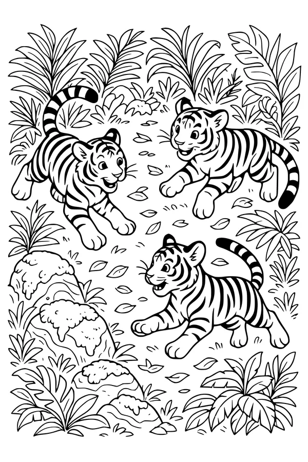Free Tiger Cubs Coloring Page - Playful Jungle Adventure (Printable PDF)