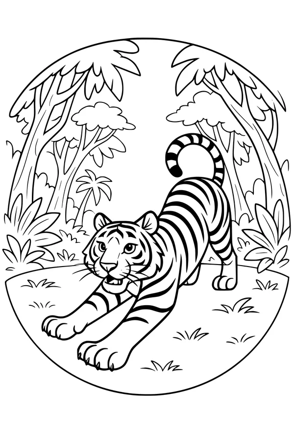 Free Tiger Coloring Page - Morning Stretch in the Jungle (Printable PDF)