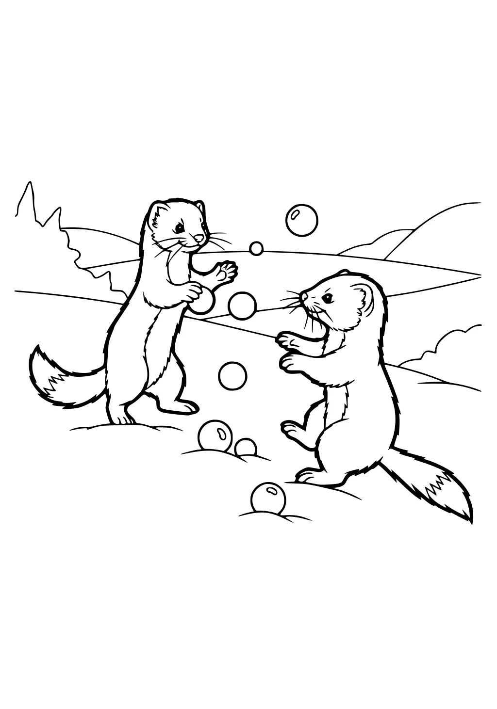 Two weasels stand on hind legs facing each other, surrounded by bubbles, in a simple hilly landscape.