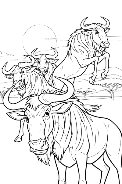 Free Wildebeest Coloring Page - Playful Gnus on African Savanna (Printable PDF)