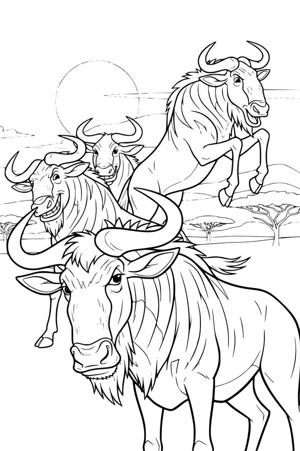 Free Wildebeest Coloring Page - Playful Gnus on African Savanna (Printable PDF)