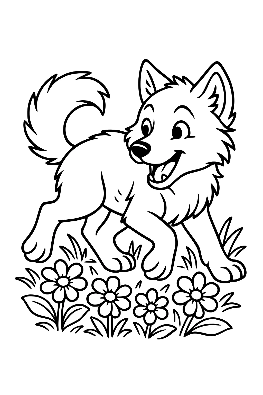 Smiling cartoon wolf pup trotting through grass with five daisy flowers, big ears, curled tail, open mouth, thick black outlines.
