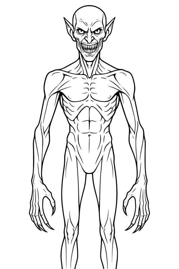 Free Demon Coloring Page - Grinning Pointy-Eared Monster (Printable PDF)