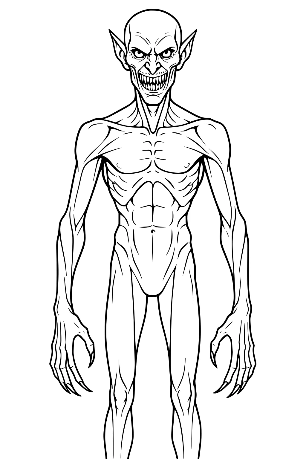 Thin bald demon with pointy ears, sharp teeth, long clawed hands, and defined muscles, front view line art.