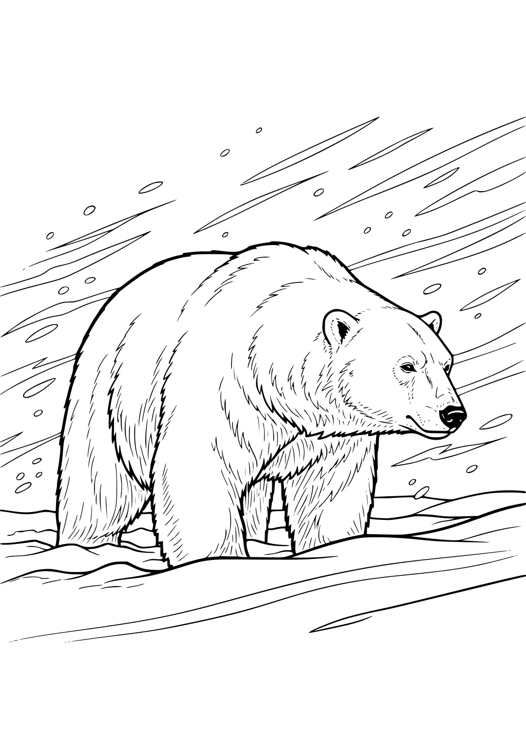 Large polar bear with thick fur standing on snowy ground as wind and snow swirl in the background.