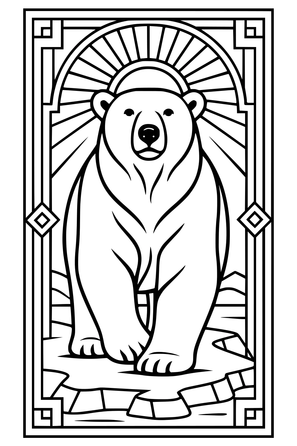 Polar bear on ice floe, sunburst rays behind, framed by geometric border.