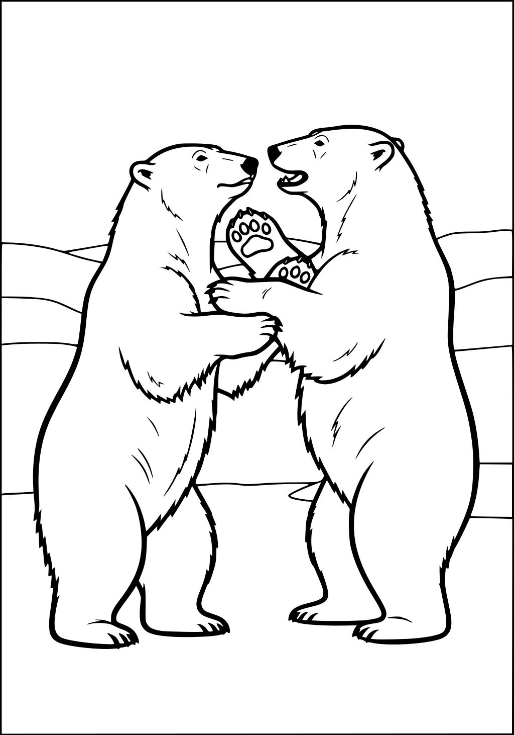Two polar bears stand on their hind legs facing each other, pressing paws together on snowy hills.