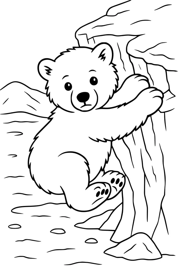 Free Polar Bear Coloring Page - Cub Climbing a Rocky Cliff (Printable PDF)