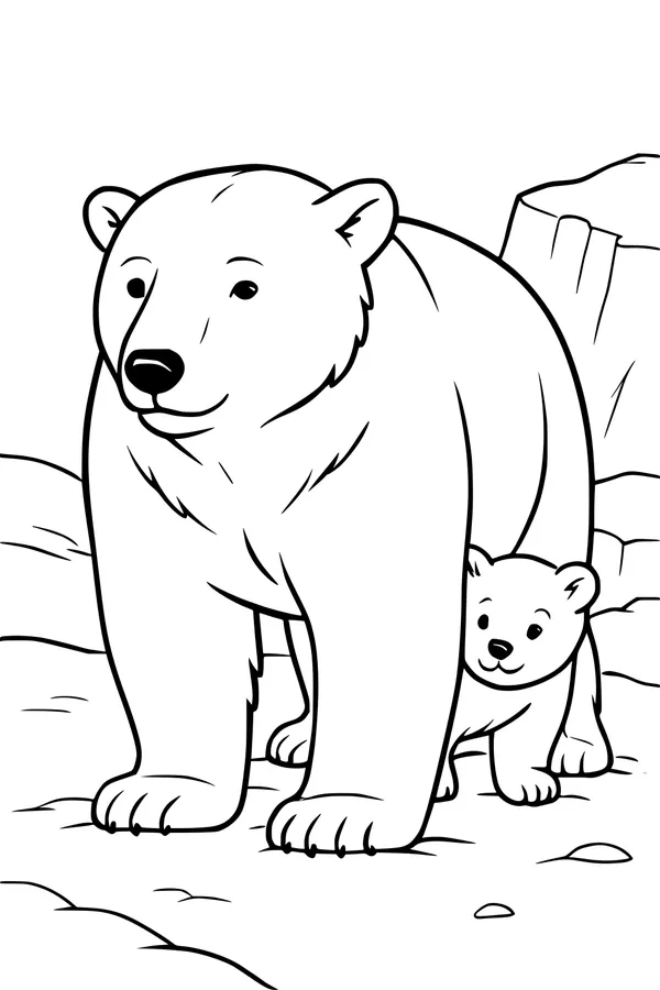 Free Polar Bear Coloring Page - Mother And Cub On Arctic Cliffs (Printable PDF)