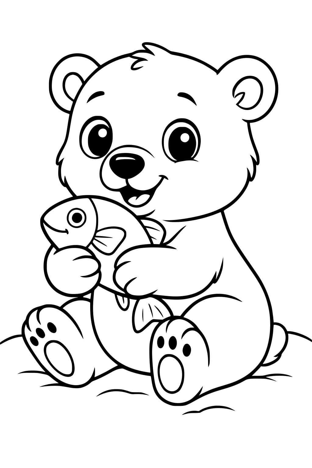 Cartoon baby polar bear sitting on snow holding a fish with both paws and smiling.