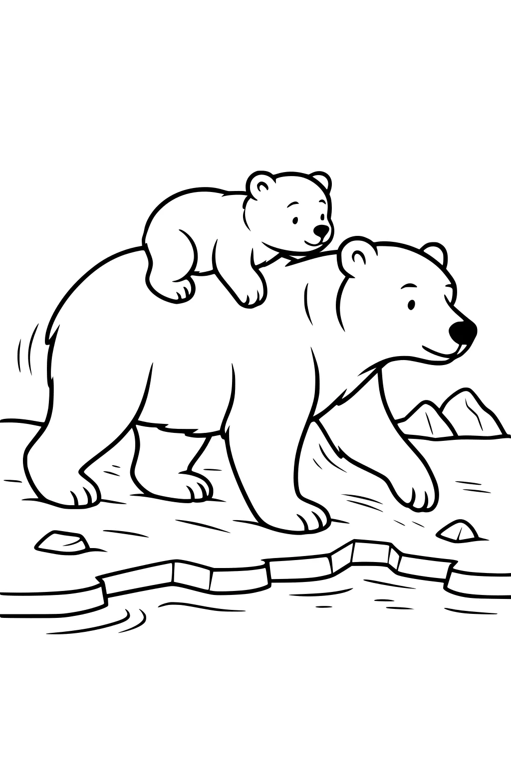 Mother polar bear walking on ice with a happy cub riding on her back. Mountains and rocks in the background.