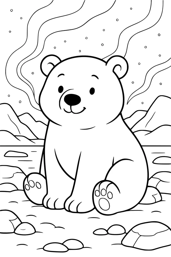 Free Polar Bear Coloring Page - Smiling Cub in Snowy Mountains (Printable PDF)
