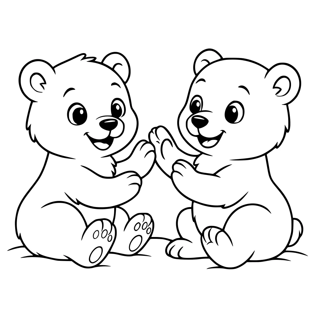 Two polar bear cubs sit facing each other, pressing their front paws together and smiling with open mouths.
