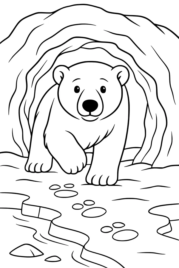 Free Polar Bear Coloring Page - Walking From Snowy Ice Cave (Printable PDF)