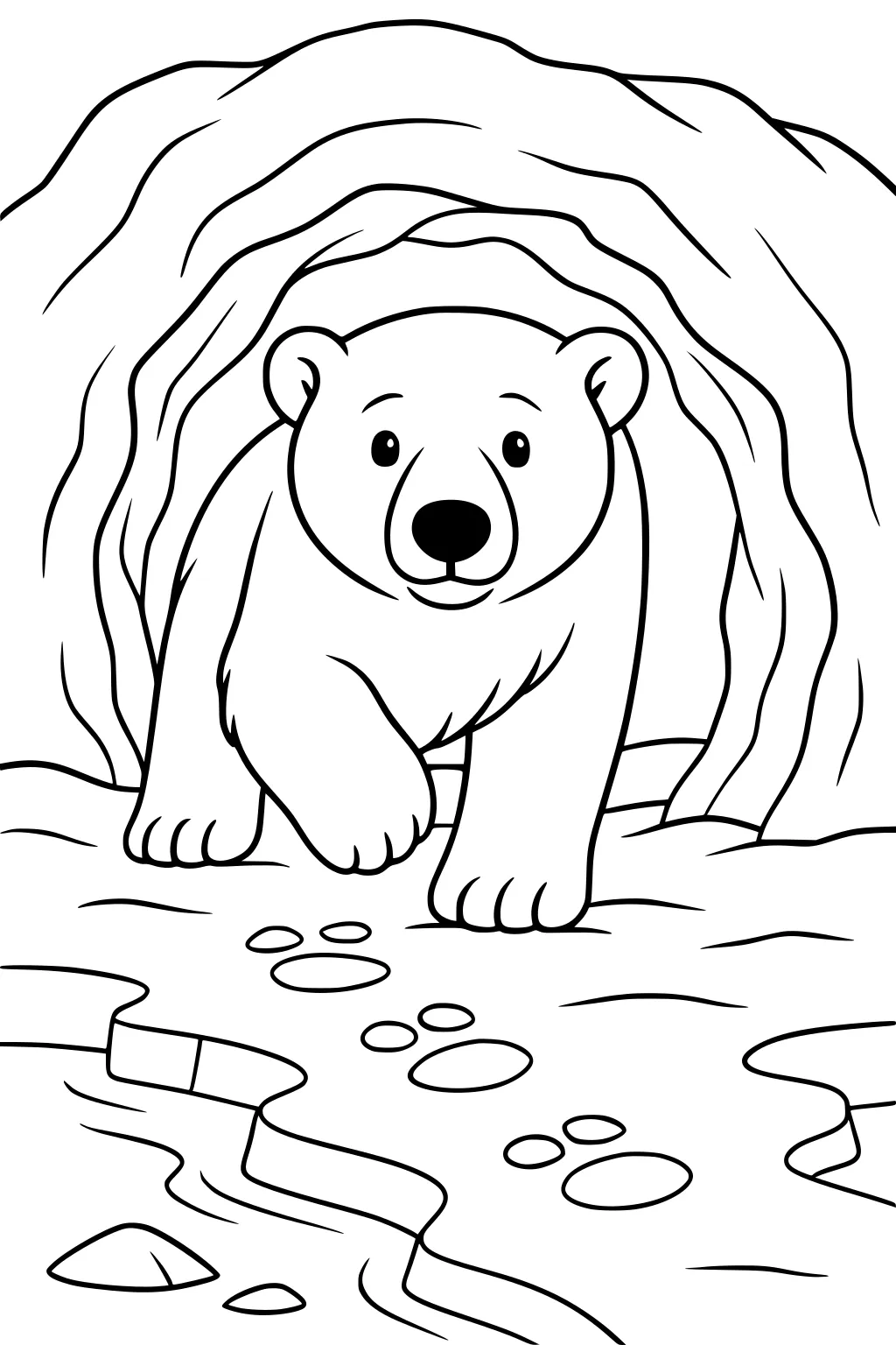 Polar bear walking out of an ice cave, paw prints in snow, stream and rocks in foreground.