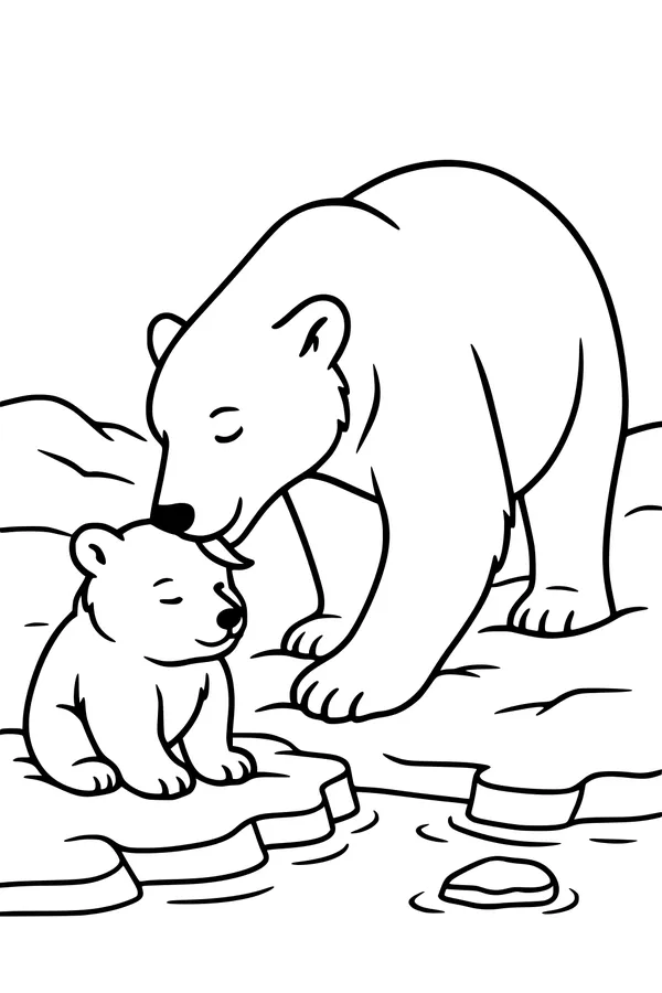 Free Polar Bear Coloring Page - Mama Bear Licking Her Cub On Ice Floes (Printable PDF)