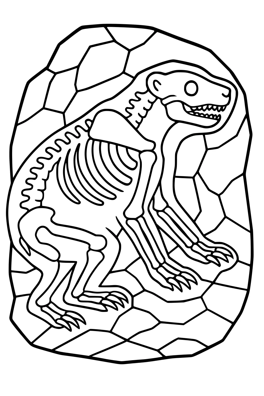 Polar bear skeleton shown inside outlined block of ice with visible ribs and teeth.