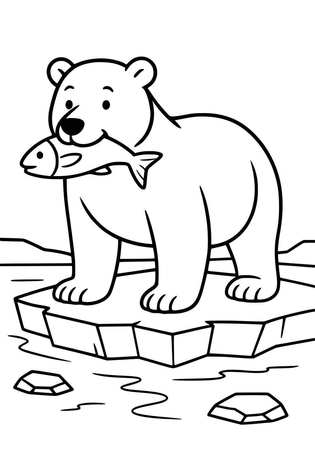 Polar bear on ice holding fish in mouth, surrounded by water and floating ice pieces.