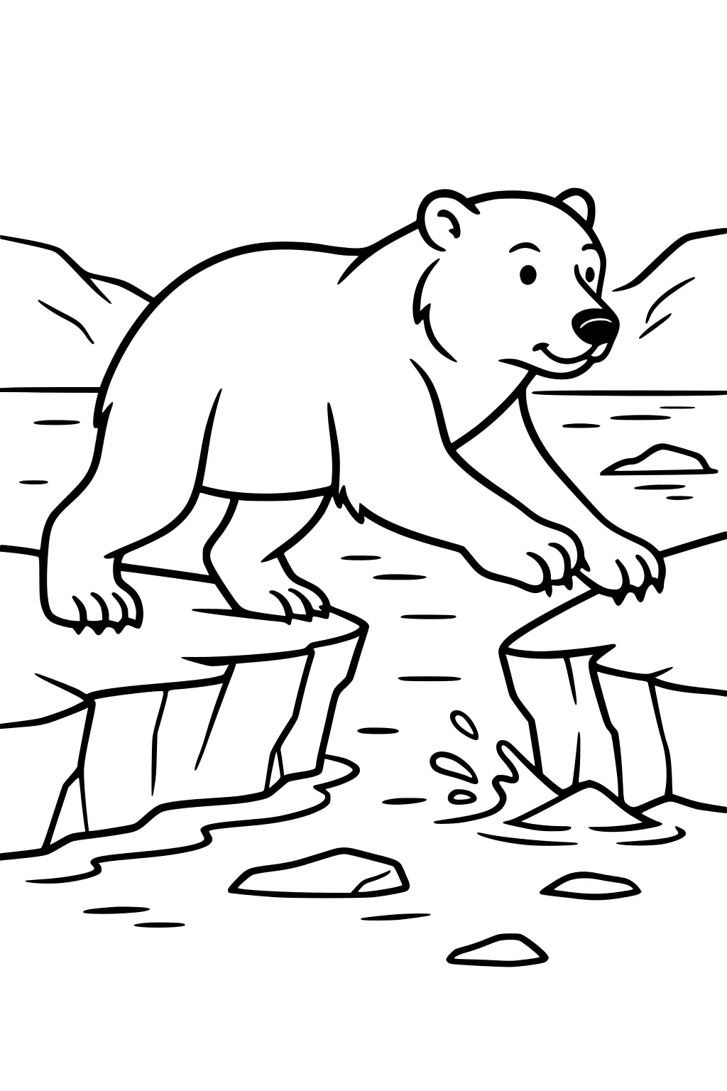 Polar bear cub stretches across two ice floes with water and mountains in the background.