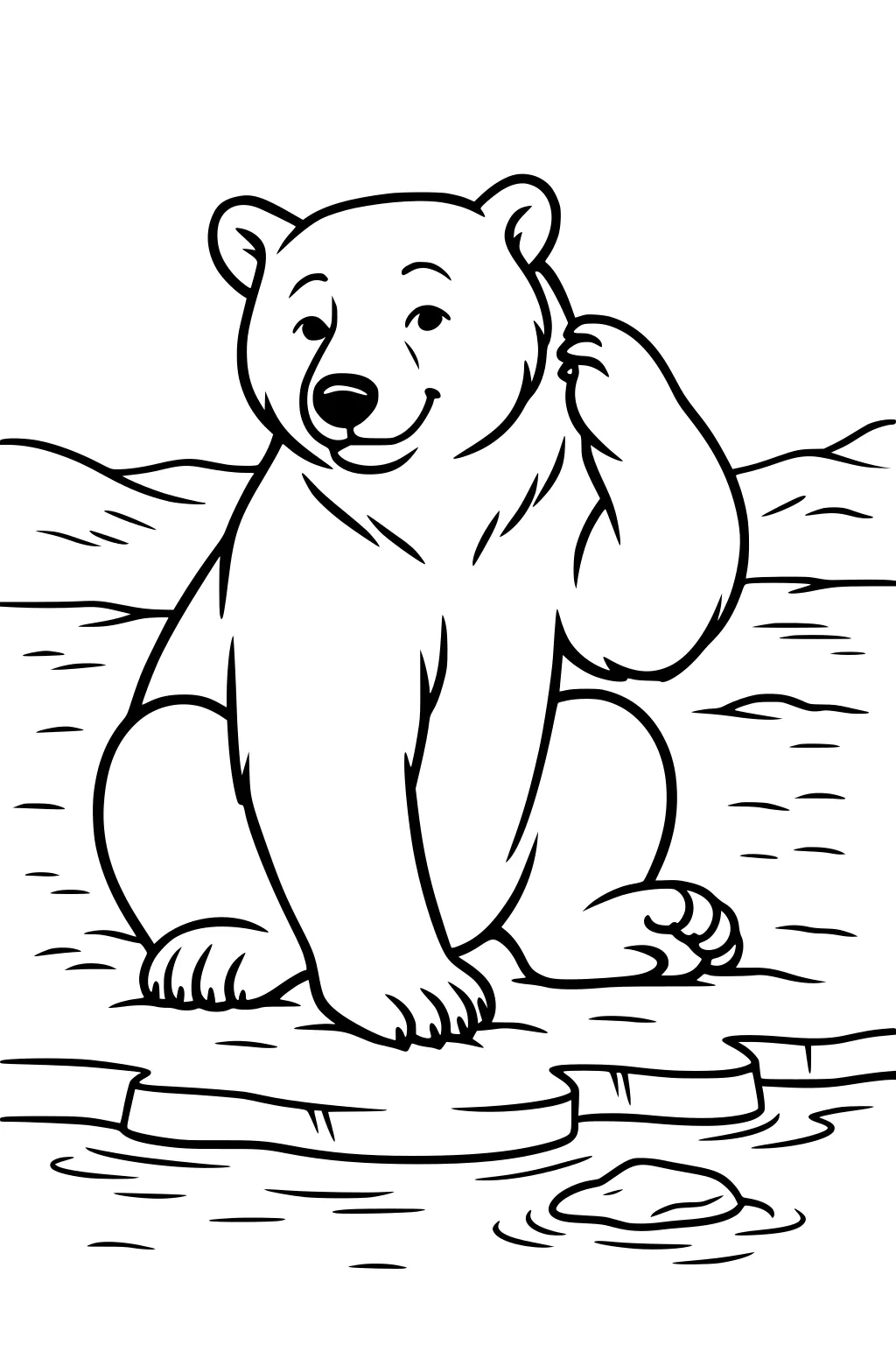 Large polar bear sitting on ice, smiling, with one paw raised, surrounded by snowy hills and water.