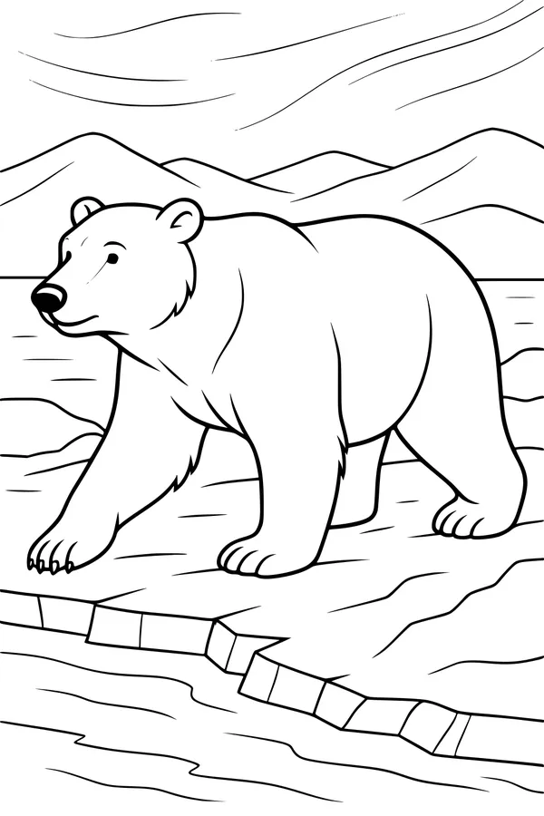 Free Polar Bear Coloring Page - Wandering By Icy Riverbank (Printable PDF)