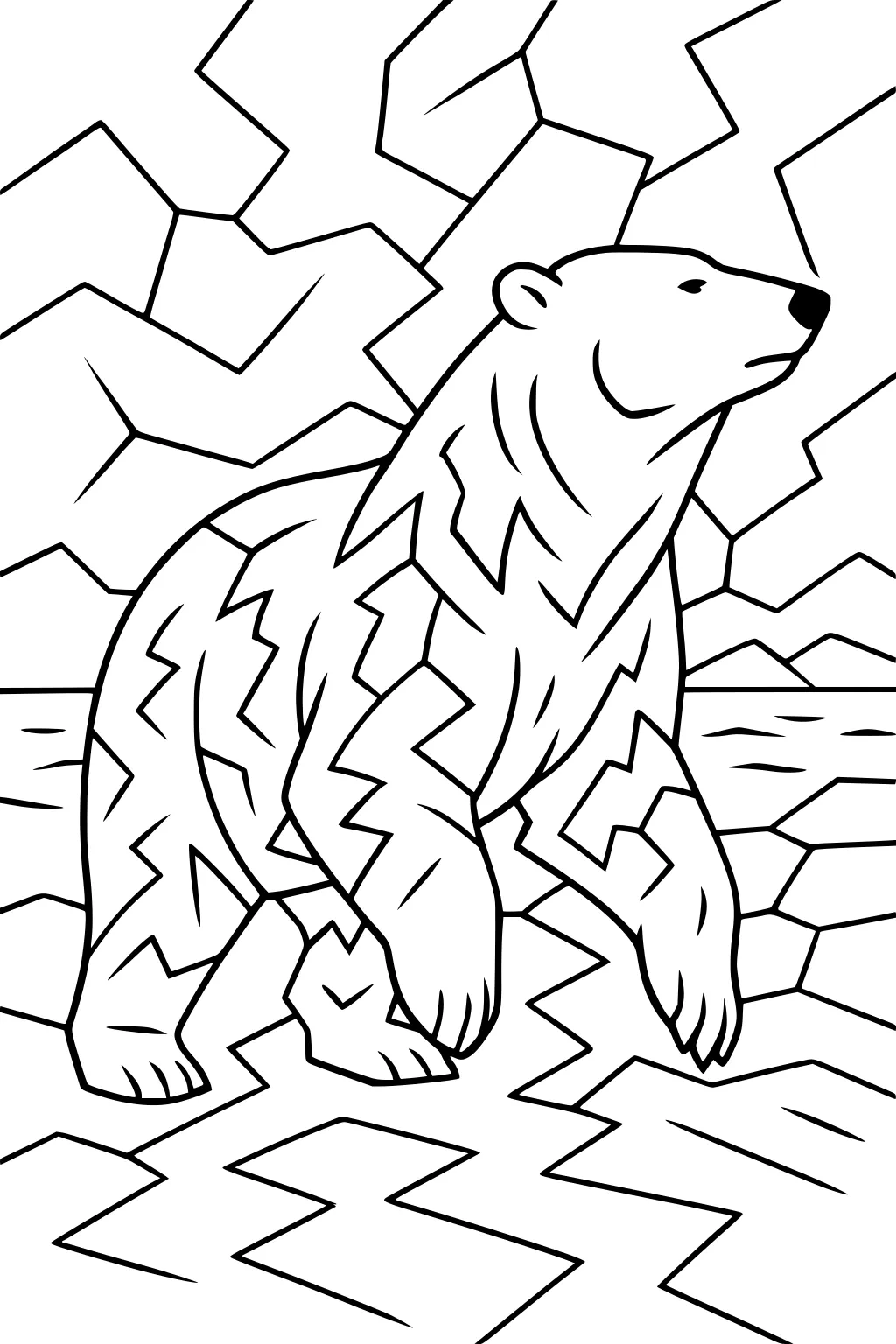 Polar bear with zigzag fur patterns walks on cracked ice in a cartoon drawing.