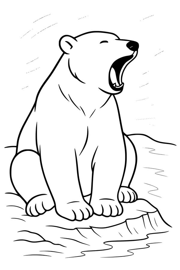 Free Polar Bear Coloring Page - Big Yawn on Icy Rock (Printable PDF)
