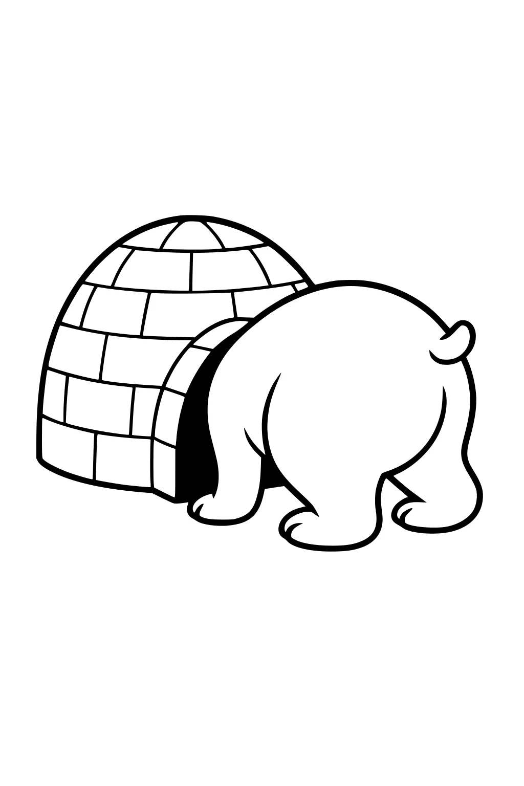 Polar bear from behind crawling into a block igloo, only back legs and tail showing outside the entrance.