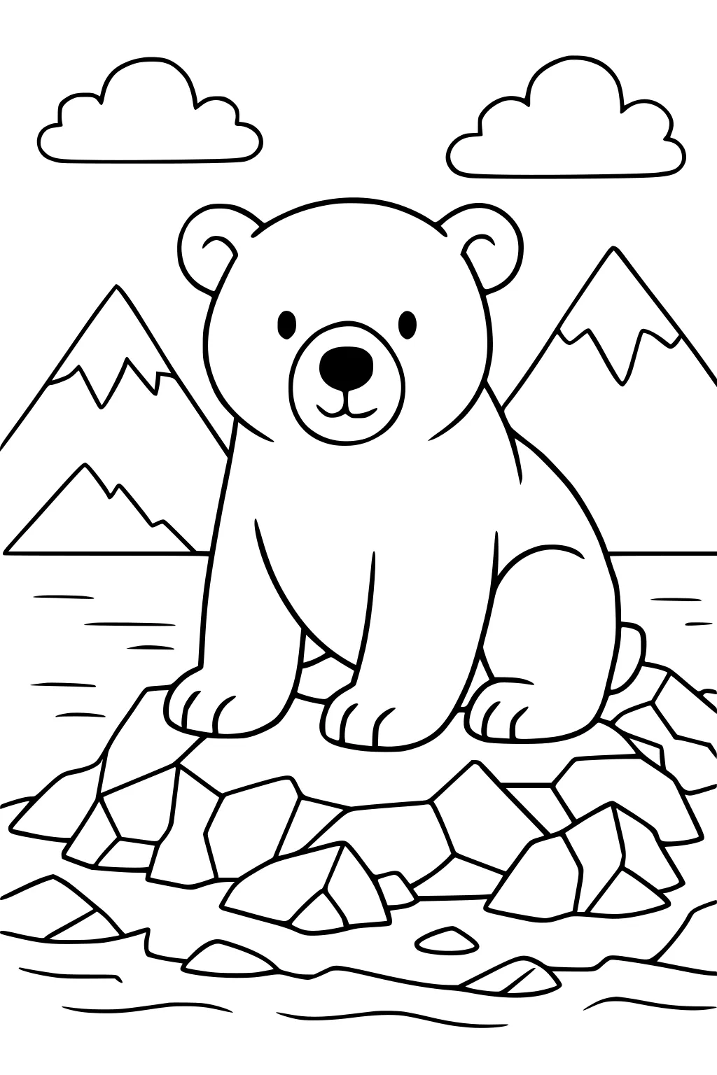 A polar bear sits on rocks by water with snowy mountains and clouds in the background.