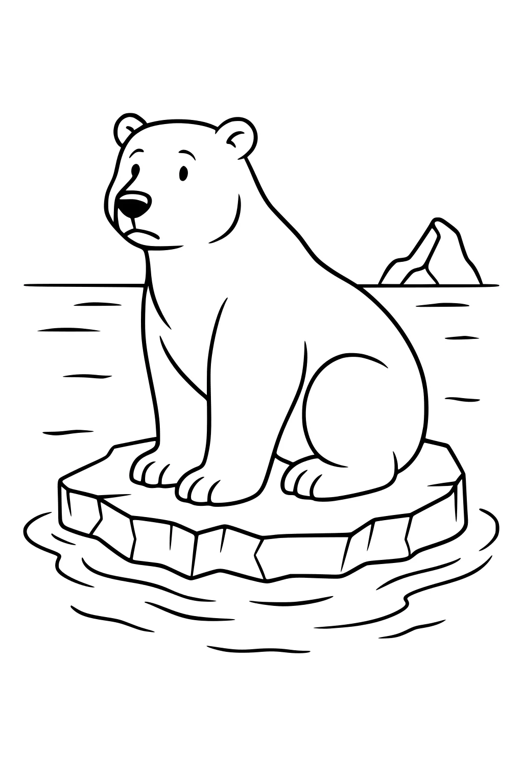 Polar bear sits on a floating ice chunk in the water with a mountain in the background and calm waves around.