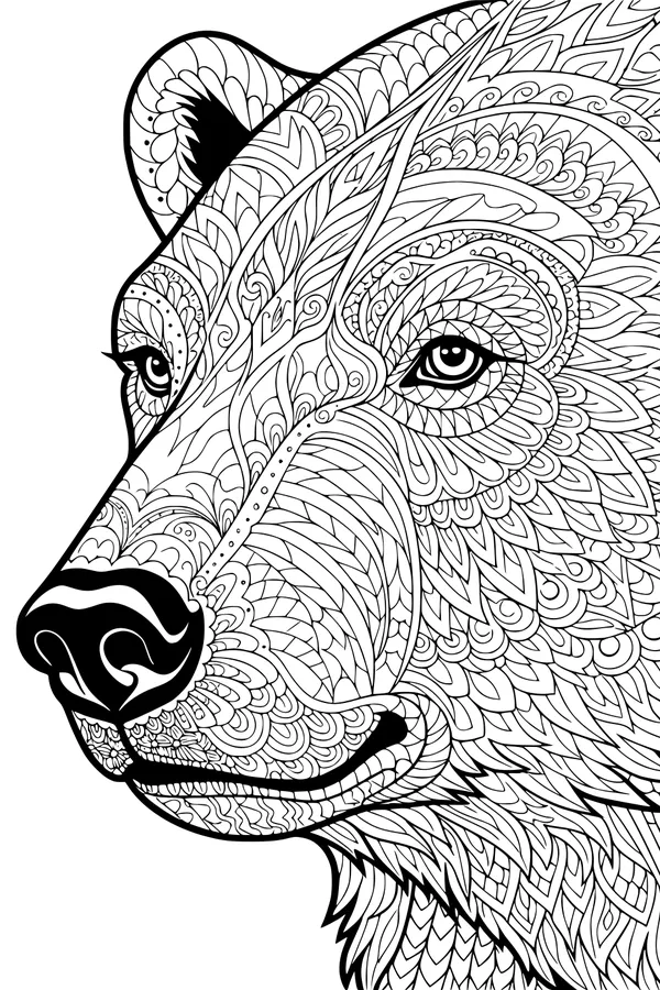 Free Polar Bear Coloring Page - Intricate Swirly Profile Face (Printable PDF)