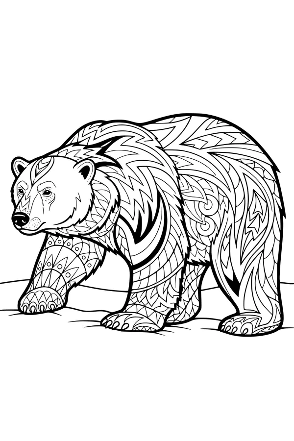 Free Polar Bear Coloring Page - Patterned Bear in Snowy Winter Scene (Printable PDF)
