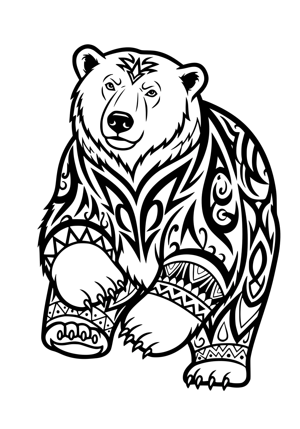 Polar bear with tribal geometric patterns on its fur, sitting and looking forward with one paw raised.