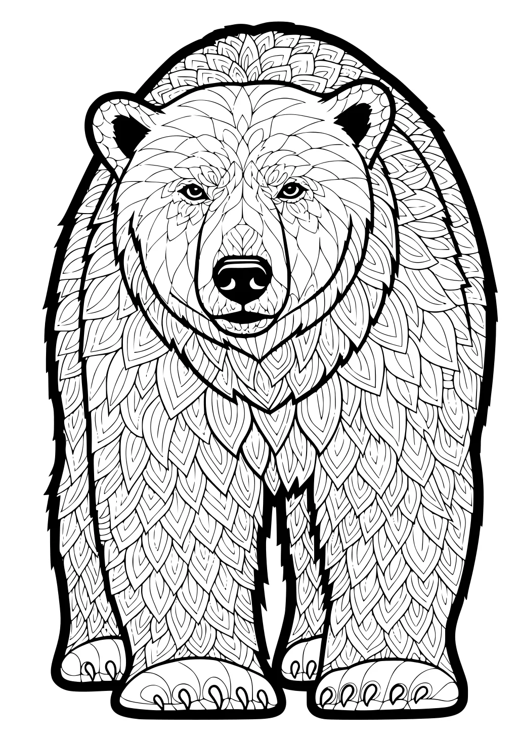 Polar bear facing forward, covered in bold leaf-pattern designs across its body, with outlined eyes, nose, ears, and paws.