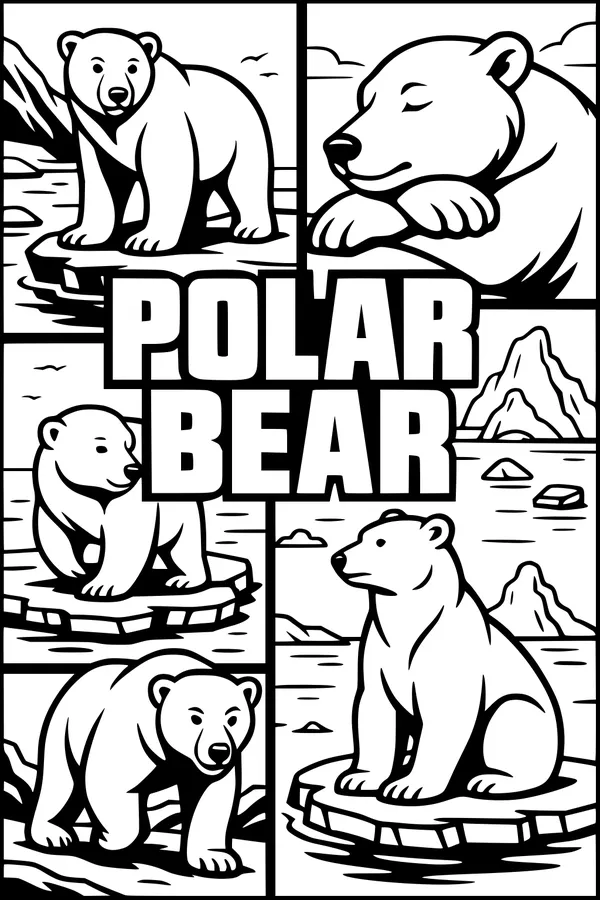 Free Polar Bear Coloring Page - Five Bears on Snowy Ice (Printable PDF)
