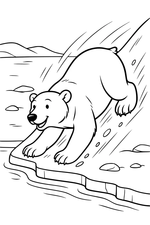 Free Polar Bear Coloring Page - Cub Sliding by Shimmering Lake (Printable PDF)