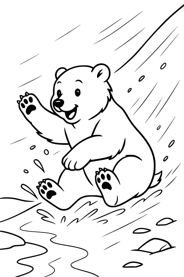 Free Polar Bear Coloring Page - Cub Sliding Down Snowy Slope (Printable PDF)