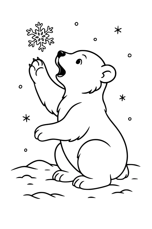 Free Polar Bear Coloring Page - Cub Catching Snowflakes (Printable PDF)