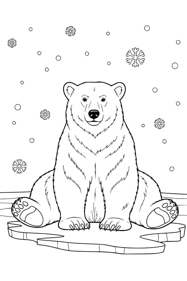 Free Polar Bear Coloring Page - Patient Bear in Falling Snowflakes (Printable PDF)