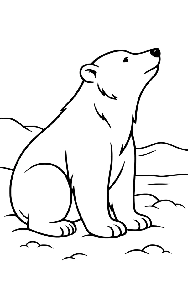 Free Polar Bear Coloring Page - Sitting Bear in Snowy Hillside (Printable PDF)