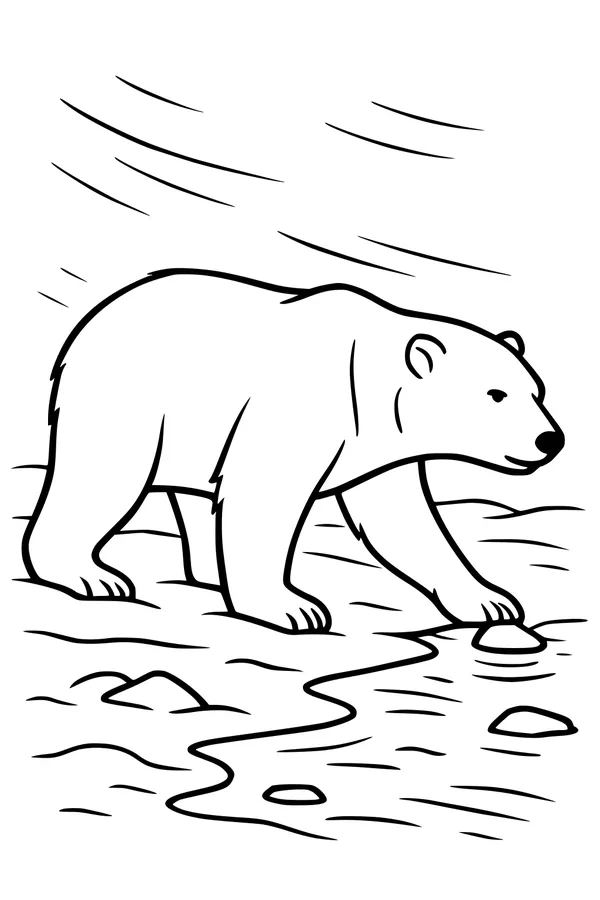Free Polar Bear Coloring Page - Walking By Icy Stream (Printable PDF)