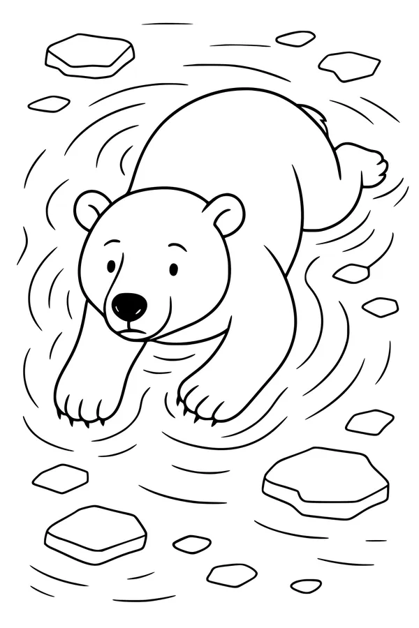 Free Polar Bear Coloring Page - Cub Swimming Among Ice Floes (Printable PDF)