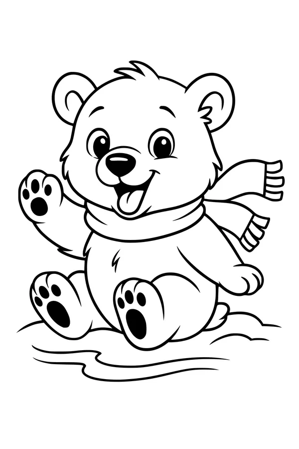 Free Polar Bear Coloring Page - Cute Cub Waving in Winter Scarf (Printable PDF)