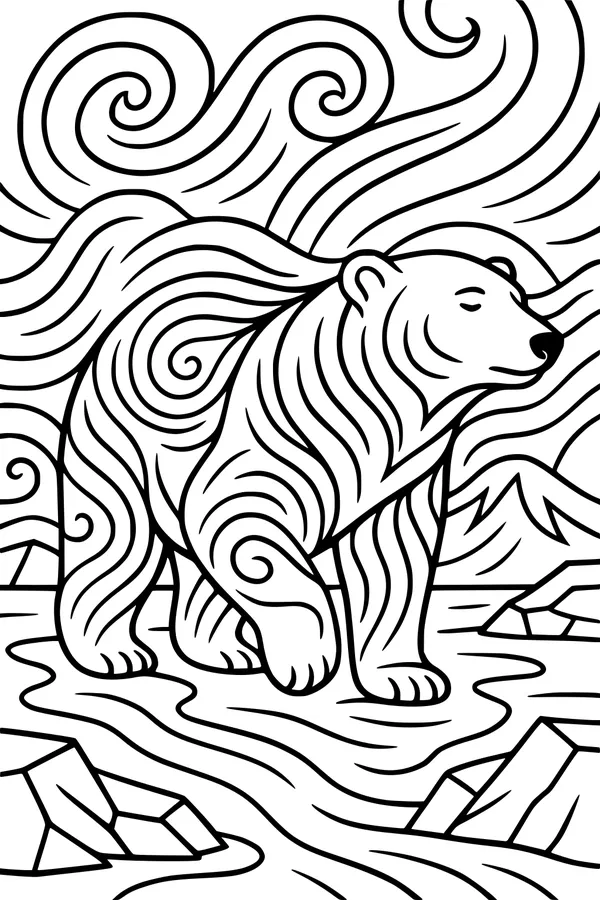 Free Polar Bear Coloring Page - Swirly Winter Arctic Scene (Printable PDF)