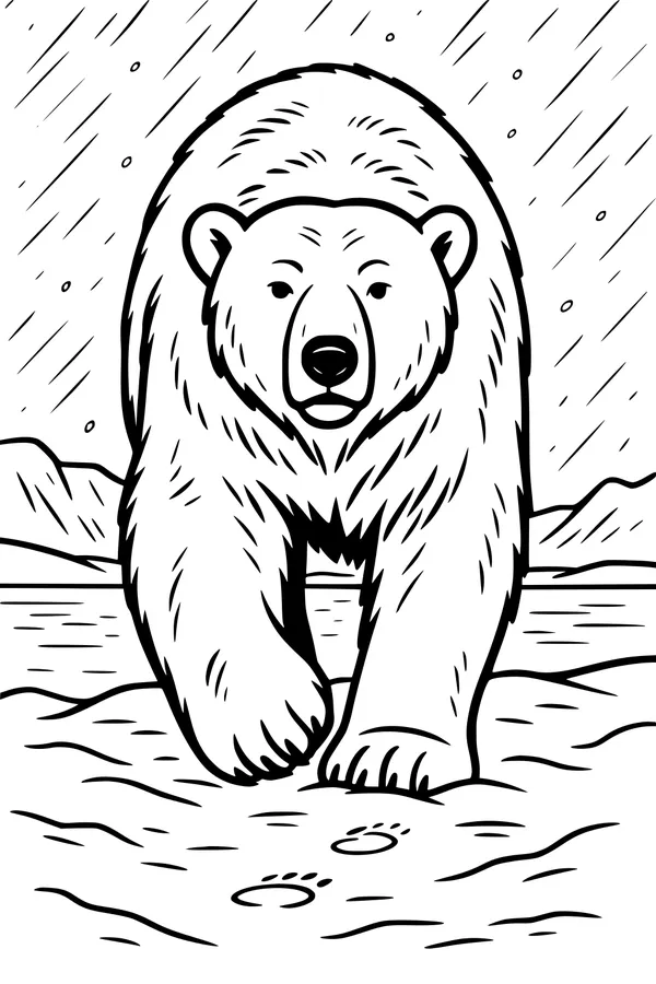 Free Polar Bear Coloring Page - Big Bear Walking in Snowy Mountains (Printable PDF)