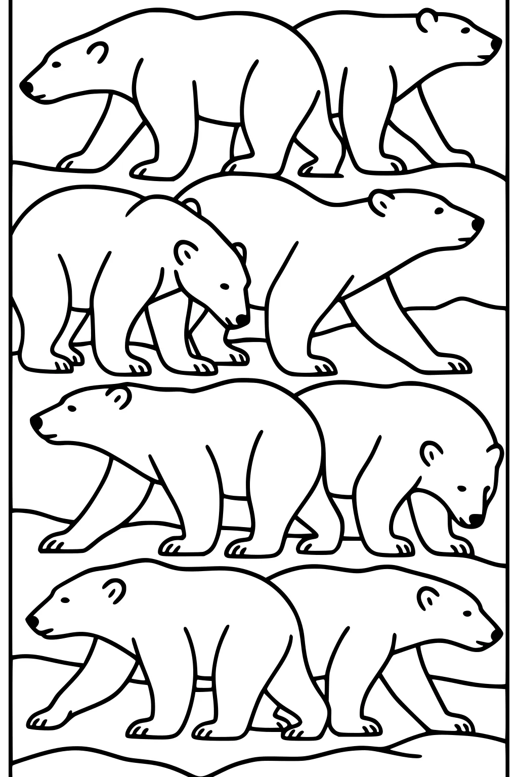 Five polar bears with rounded ears walk in profile across snowy hills, lined up in a row on the page.