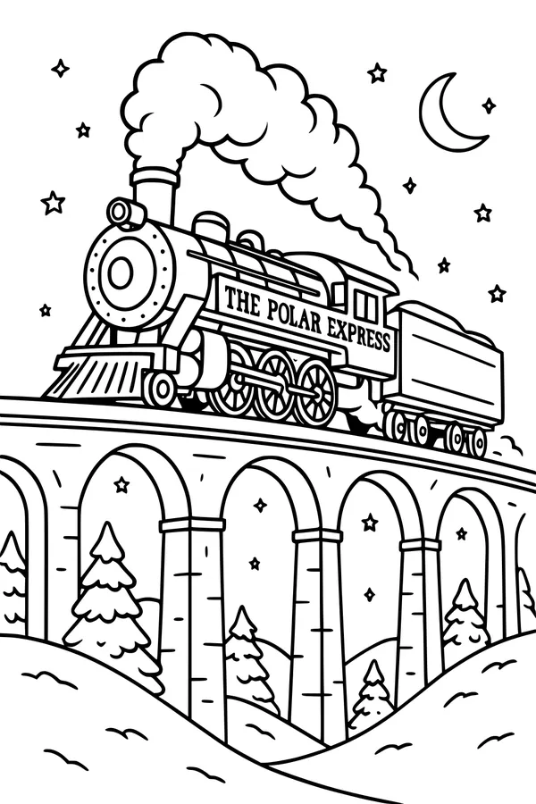 Free Polar Express Coloring Page - Christmas Train on Moonlit Bridge (Printable PDF)