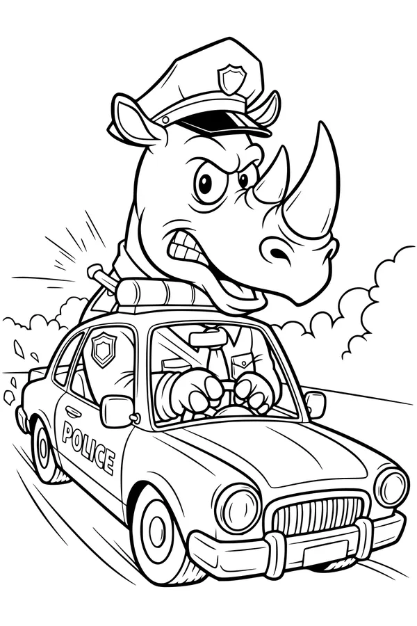 Free Rhinoceros Coloring Page - Cartoon Rhino Police Officer in Fast Police Car (Printable PDF)