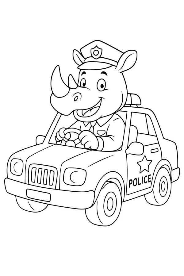 Free Rhinoceros Coloring Page - Police Officer Rhino Driving a Patrol Car (Printable PDF)